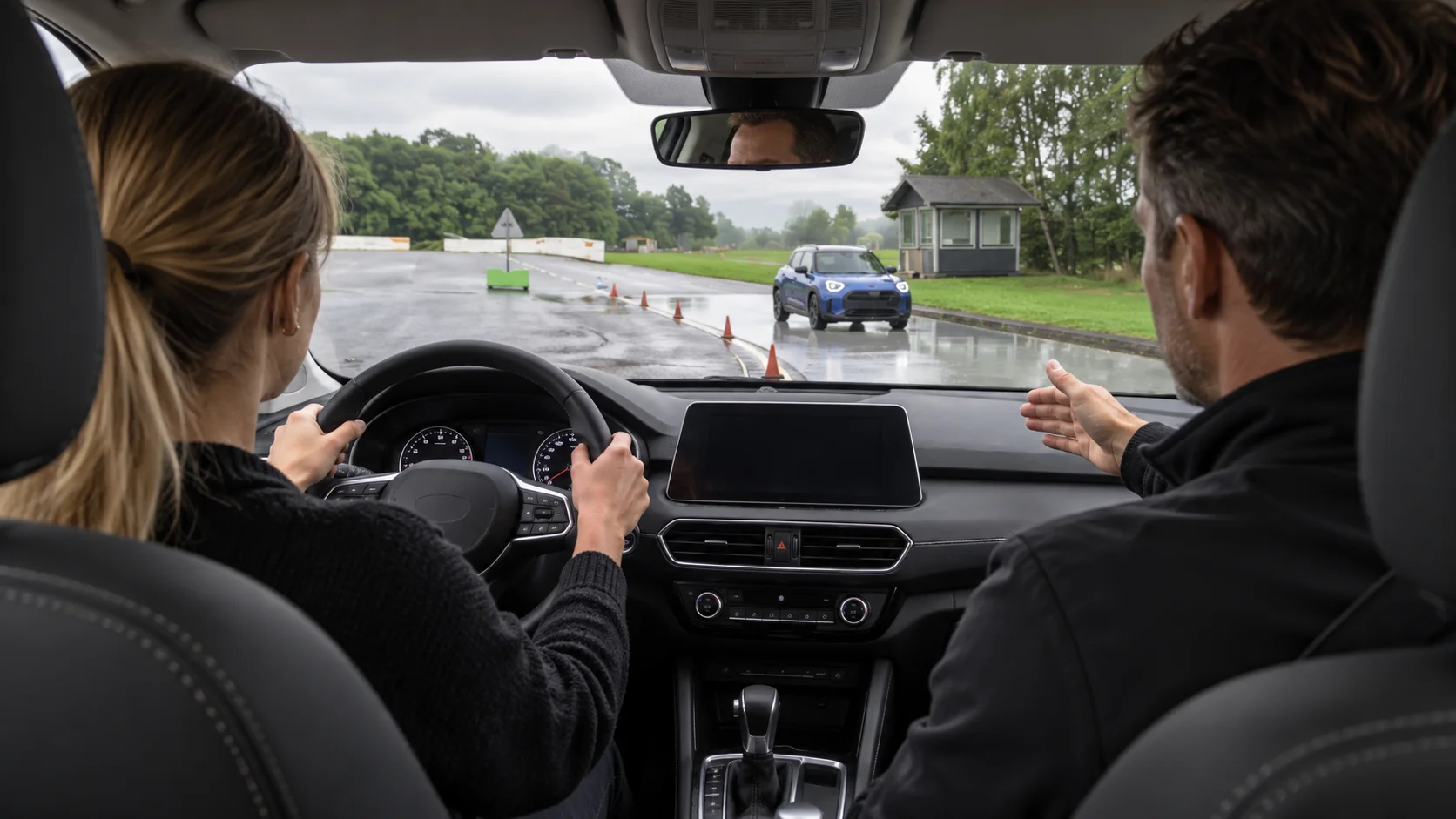 Förare övar med instruktör bredvid sig i bilen.