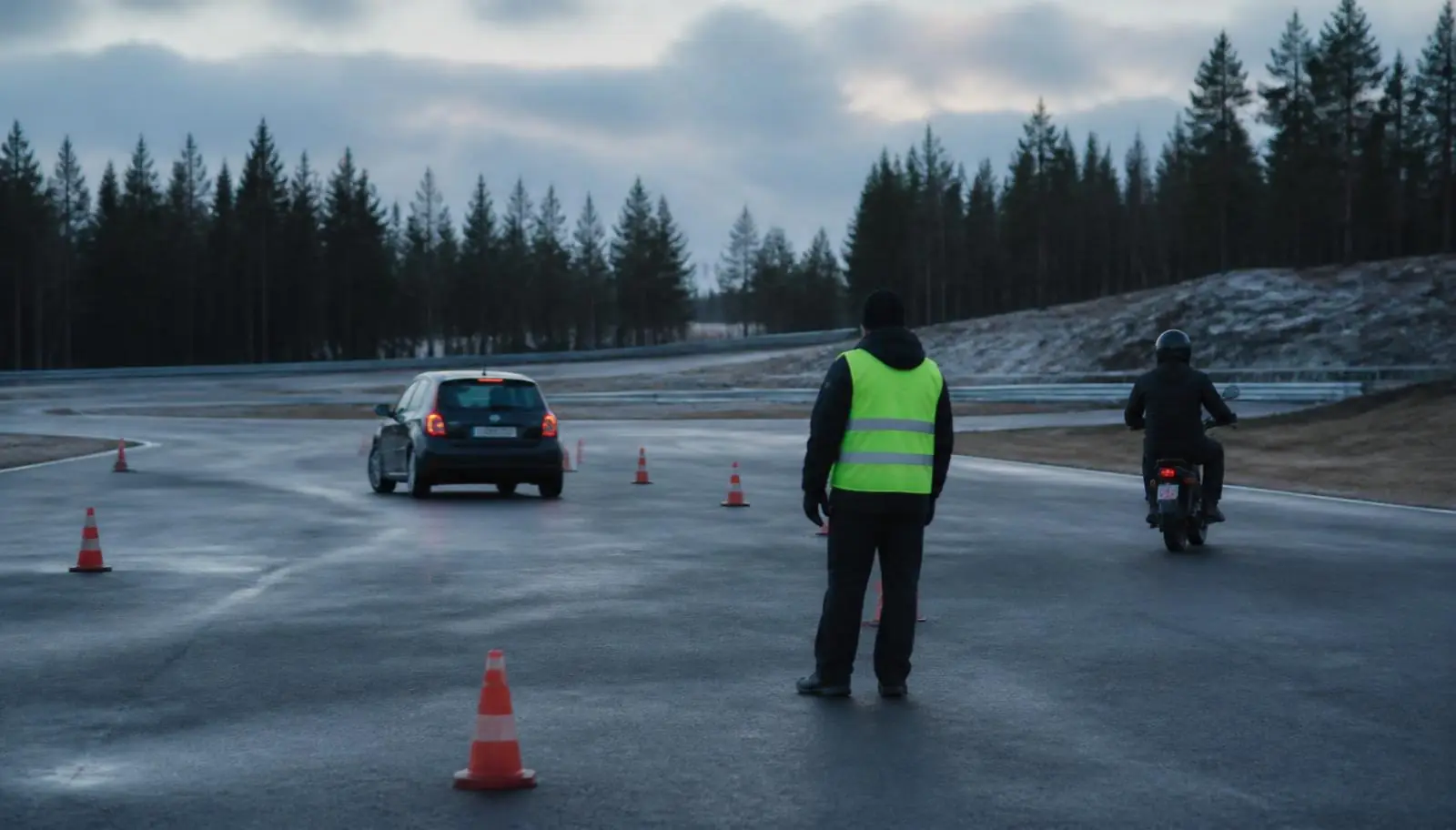 Personbil på våt utbildningsbana under en kontrollerad övning.