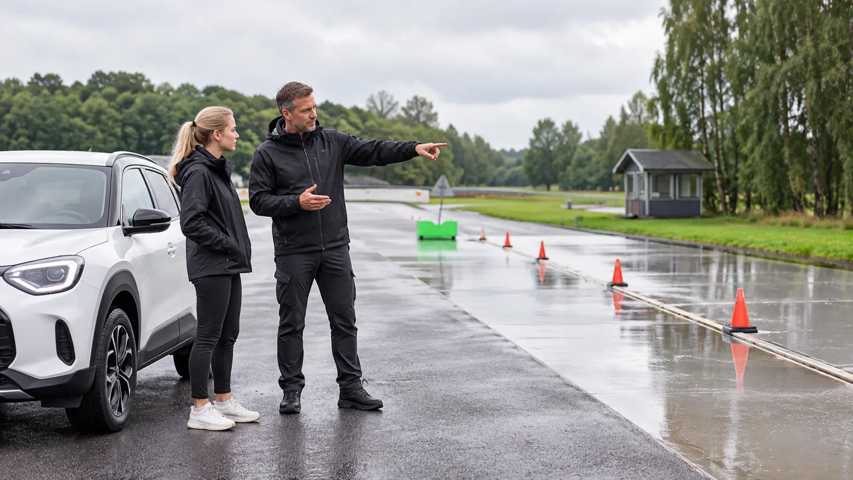 Instruktör går igenom övningen med förare inför Risk 2 B-moment på Ring Knutstorp.