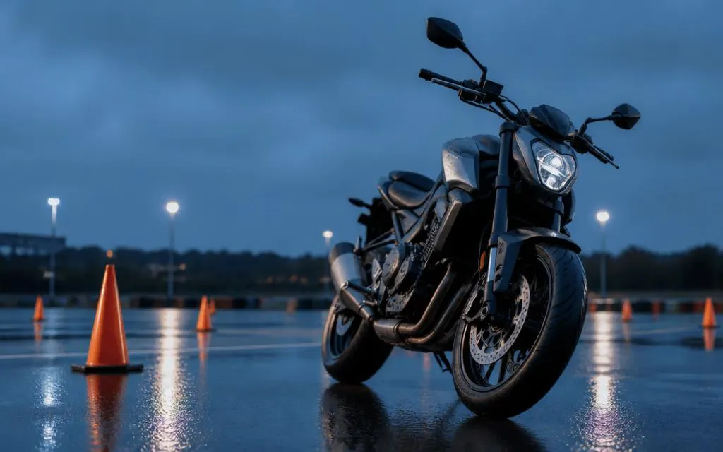 Motorcykel på en våt utbildningsbana med koner.