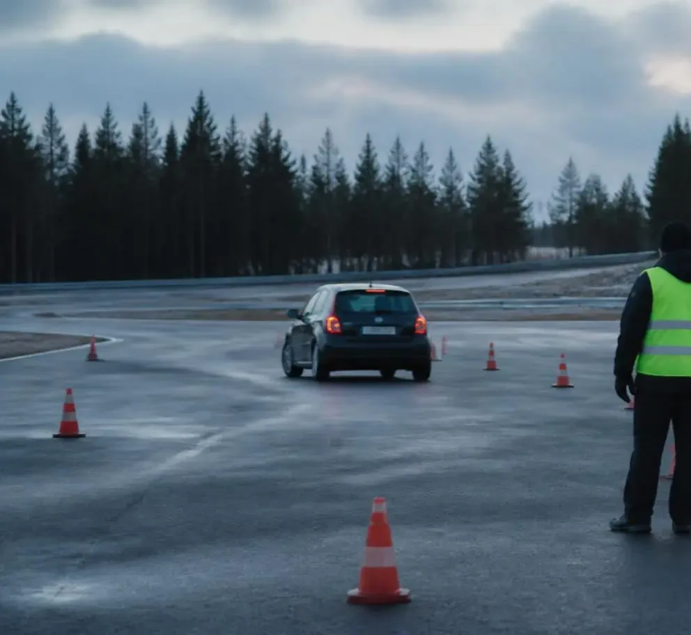 Personbil under kontrollerad övning på våt utbildningsbana.